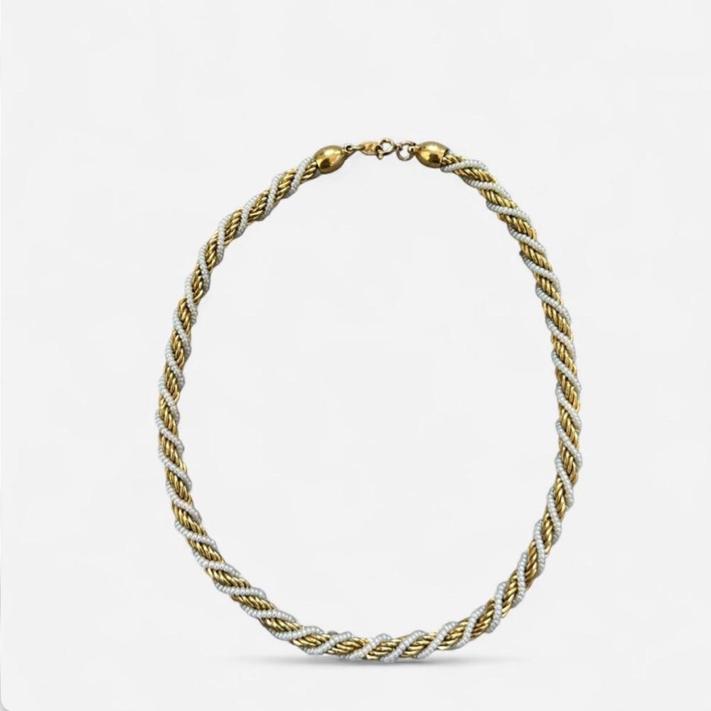 Vintage Trifari Gold Tone Pearl Twist Rope Necklace
